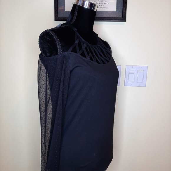 Brand New Sexy  Black Criss-Cross Cold Shoulder Sheer Lace Sleeve - Picture 6 of 11